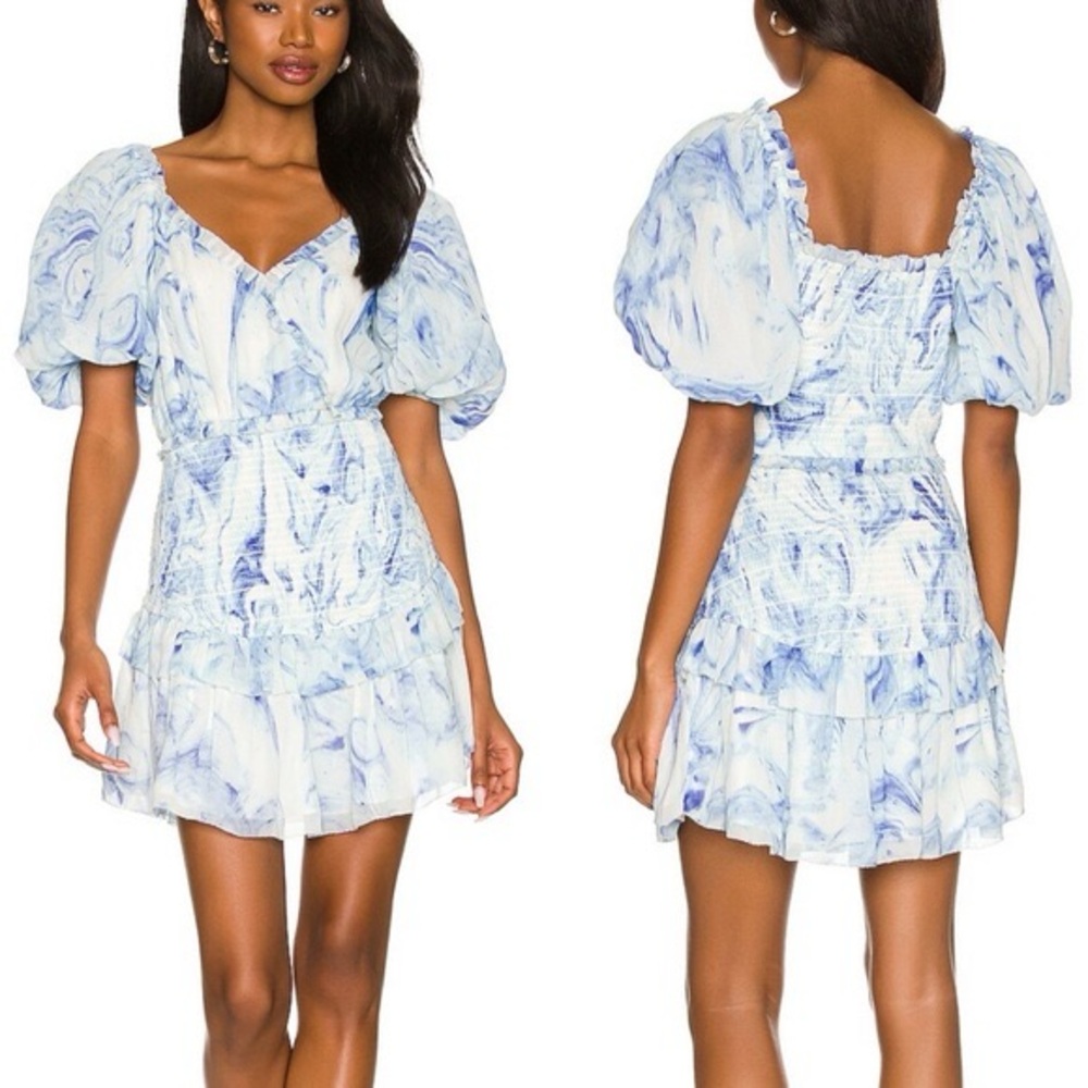 SAYLOR Blue and White Ruffled Puff Sleeve Dress